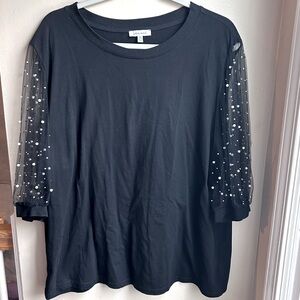 White Birch Black Cotton Tee W/ Sheer Sleeves Pearl Embellishment 3X